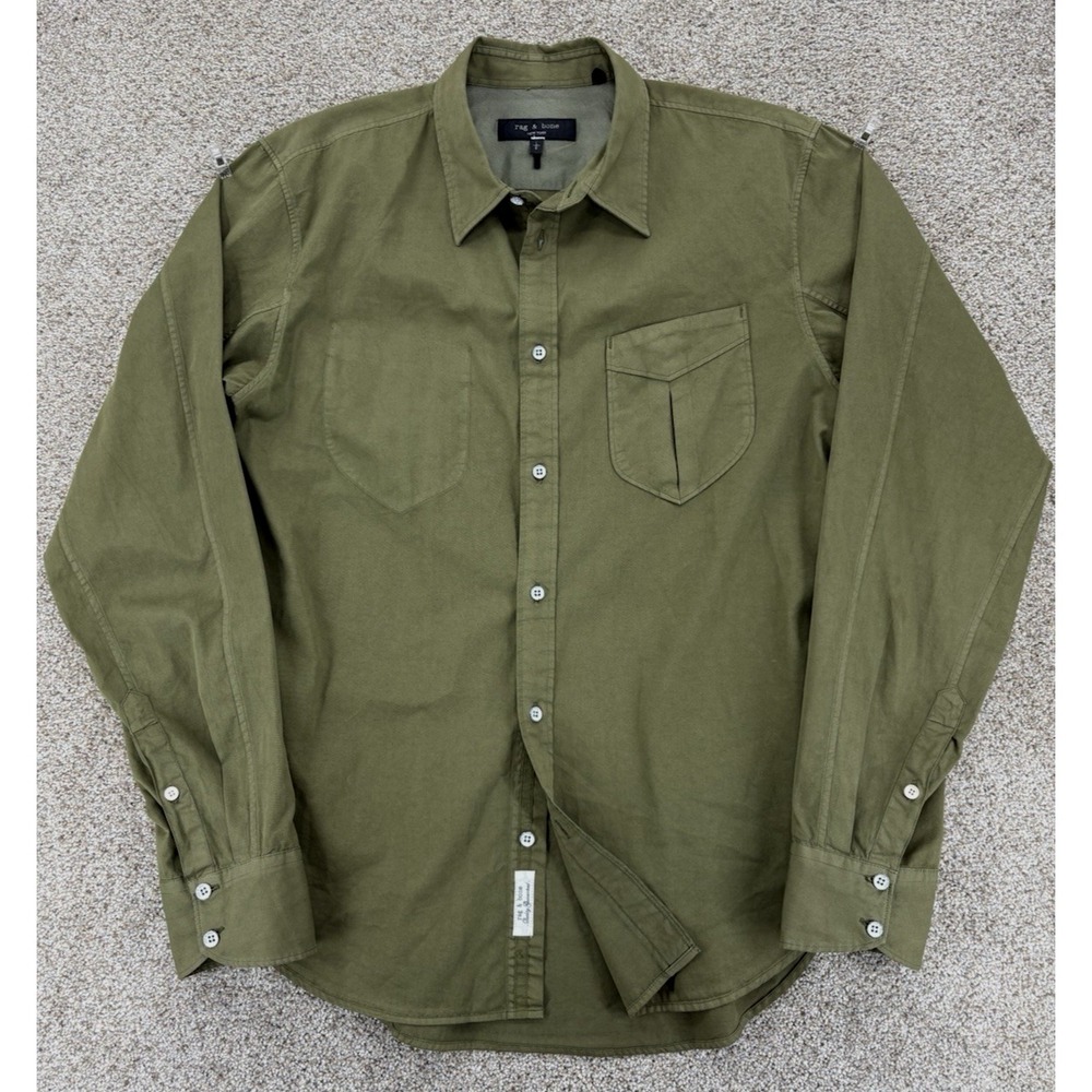 Rag & Bone Arrow Button Up Shirt Men's XL Army Green Garment Dyed Cotton Lyocell